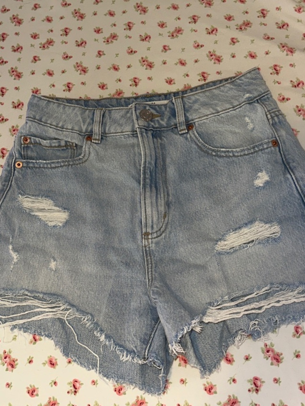 Garage Light Blue Distressed High-Waist Denim Shorts - Women's